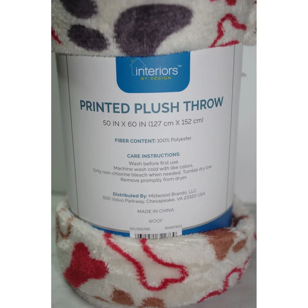 NEW Interiors by Design Plush Throw Blanket Dog Paw Bone Print White Red 50x60